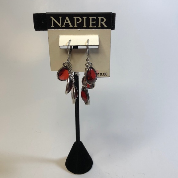 Napier Black Silver Tone and Ruby Color Lucite Dangle Earring. NWT - Picture 4 of 8